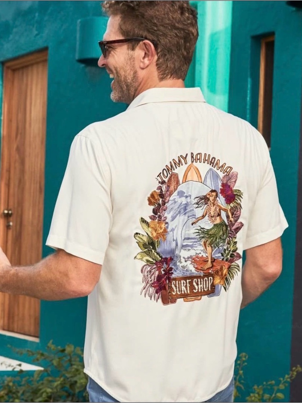 Tommy Bahama Men's Embroidered Cream Surf Shop Short-Sleeve Shirt